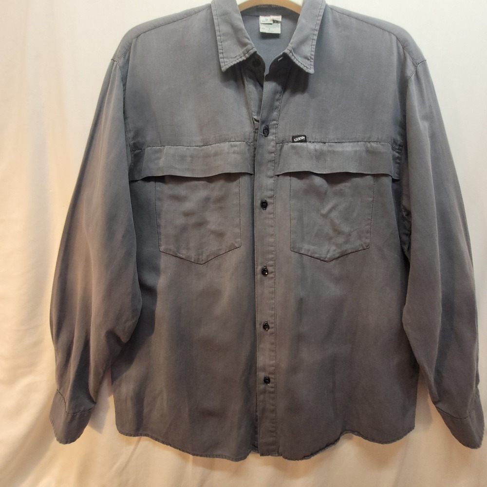Vintage Georges Marciano Guess Mens Grey Linen Blend Utility Button Down Shirt 3